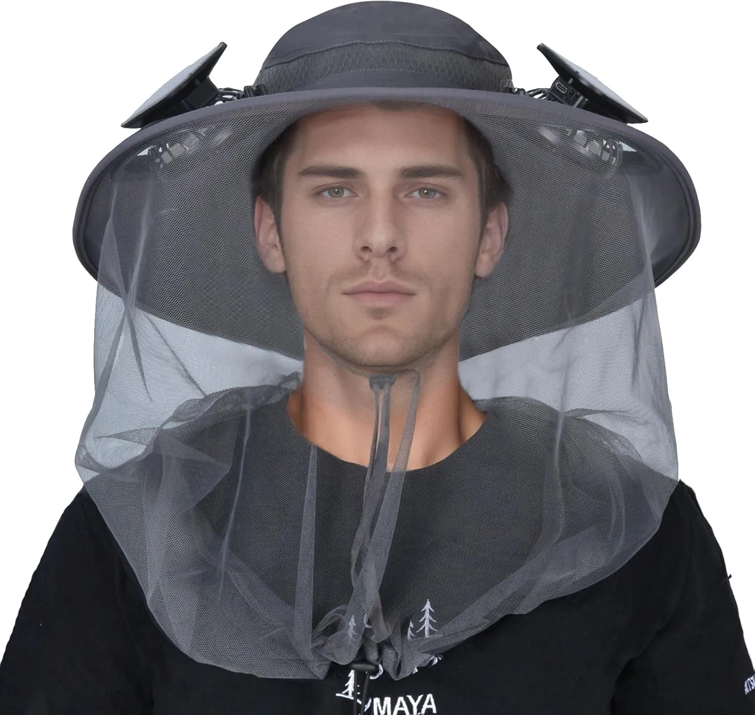 ayamaya Mosquito Net Hat with Fan Built-in, Wide Brim Solar Fan Hat with Netting, 3 Speeds Adjustable for Men Women Outdoor
