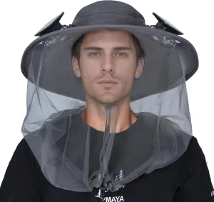 ayamaya Mosquito Net Hat with Fan Built-in, Wide Brim Solar Fan Hat with Netting, 3 Speeds Adjustable for Men Women Outdoor