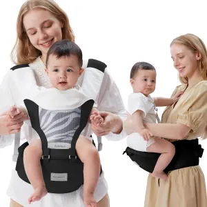Baby Carrier Newborn to Toddler with Hip Seat, Multifunction Baby Hip Carrier, 4-in-1 Ergonomic Infant Carrier (Ergonomic M Position) Adjustable & Removable Baby Holder Carrier for 0-36 Months (Black)