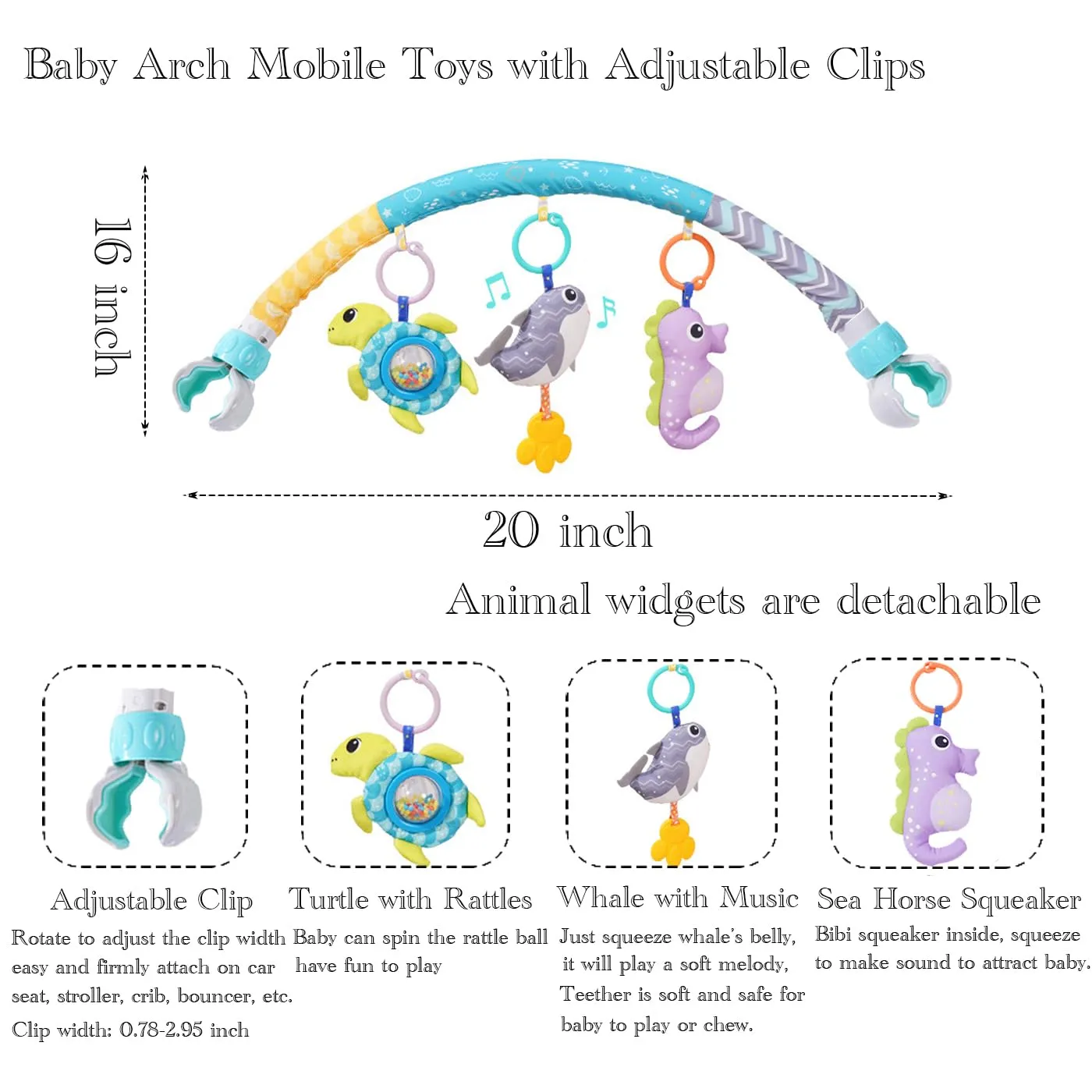 Baby Stroller Arch Toys, Crib Mobile for Infants Adjustable Bassinet Mobile with Universal Clamp, Activity Toy Bar for Bouncer Newborn CarSeat Stroller Toy Sense Toys for Baby 0 6 12 Months