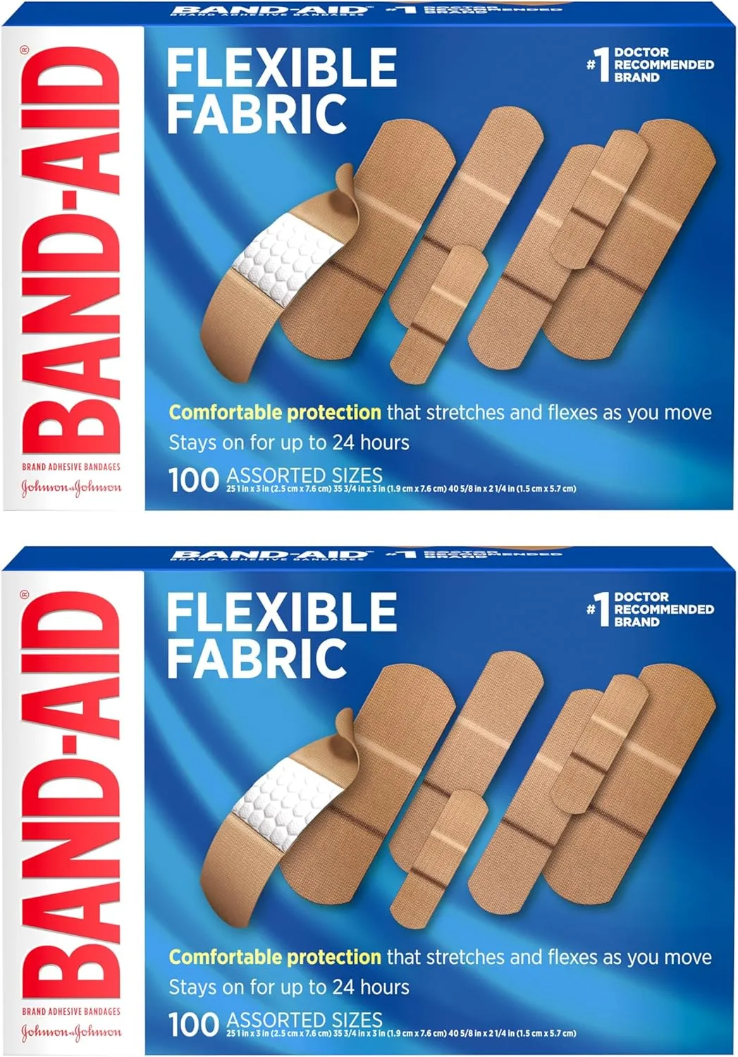 Band-Aid Brand Flexible Fabric Adhesive Bandages for Comfortable Flexible Protection, Twin Pack, 2 x 100 ct