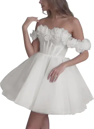 Basgute Short Wedding Dresses for Bride Beach Lace Applique Tulle Strapless Boho Corset Mini Bridal Dress