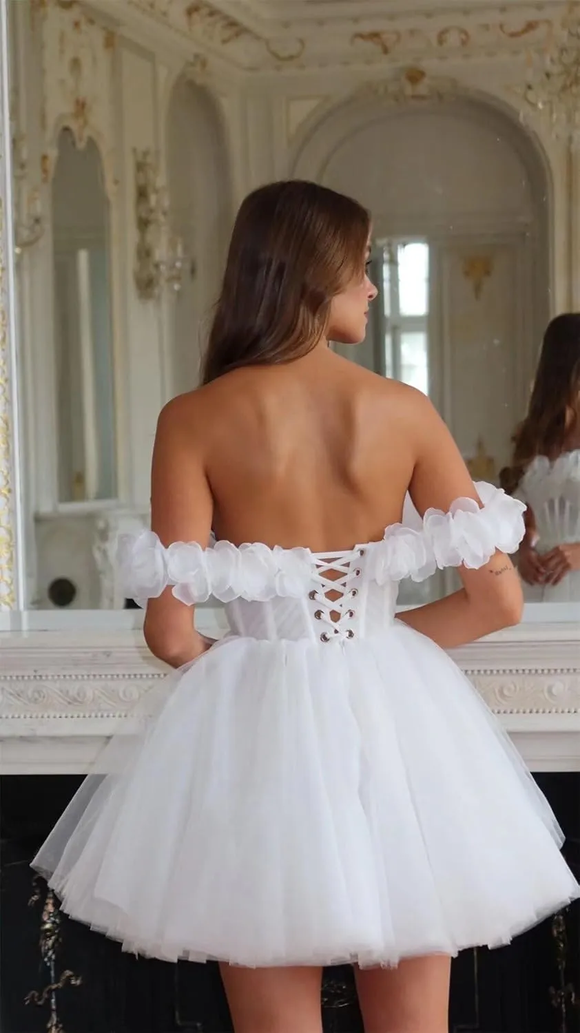 Basgute Short Wedding Dresses for Bride Beach Lace Applique Tulle Strapless Boho Corset Mini Bridal Dress