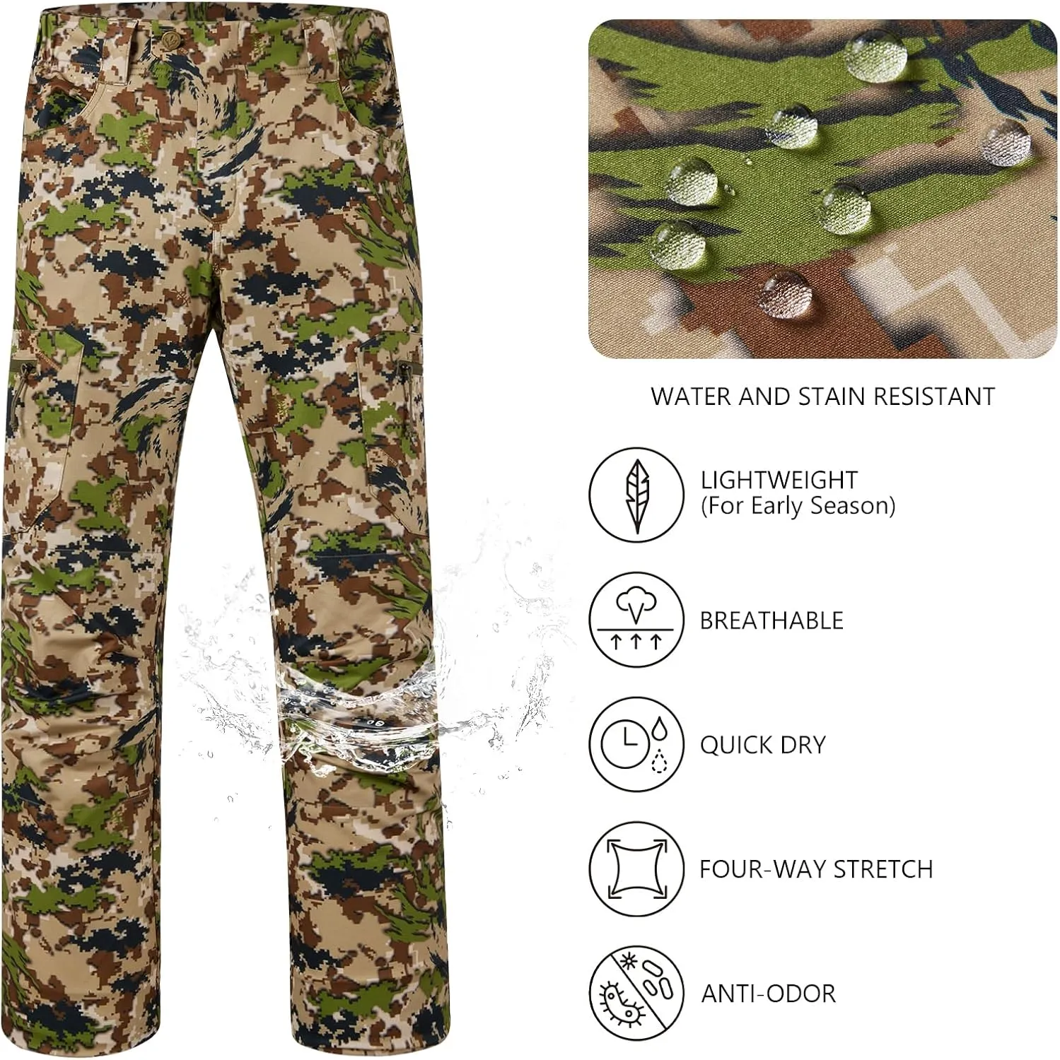 BASSDASH Men’s Lightweight Hunting Pants 4-Way Stretch Breathable Water Resistant for Turkey Early Season Spring Summer