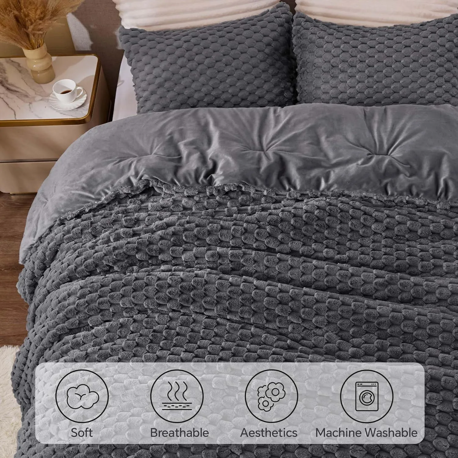 BEDELITE Fluffy Queen Comforter Set - Grey Fleece Soft Comforter for Queen Size Bed, Luxury Warm Bedding Set for Winter, Fuzzy Bed Set 3 Pieces (1 Comforter, 2 Pillowcases)