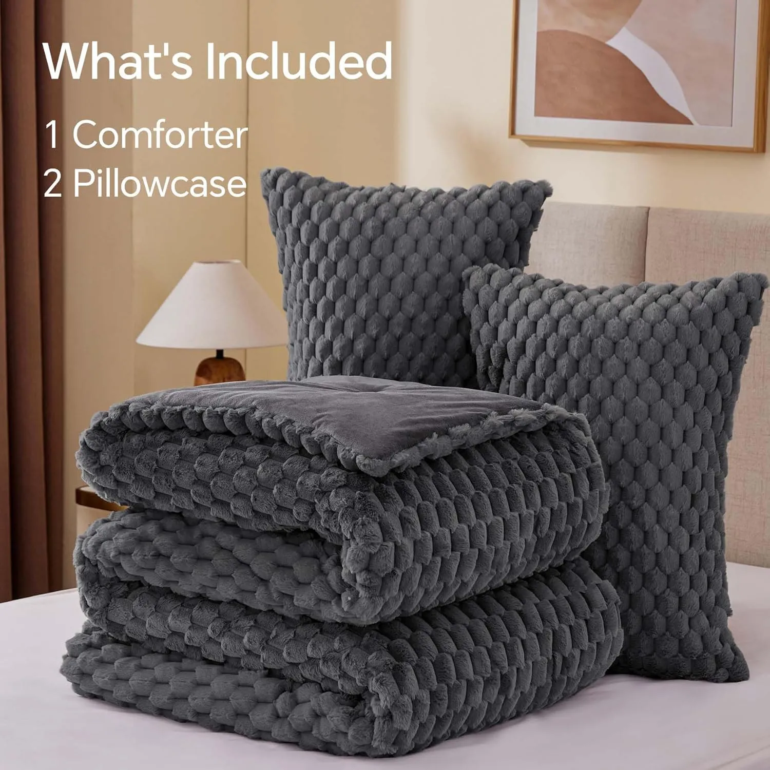 BEDELITE Fluffy Queen Comforter Set - Grey Fleece Soft Comforter for Queen Size Bed, Luxury Warm Bedding Set for Winter, Fuzzy Bed Set 3 Pieces (1 Comforter, 2 Pillowcases)