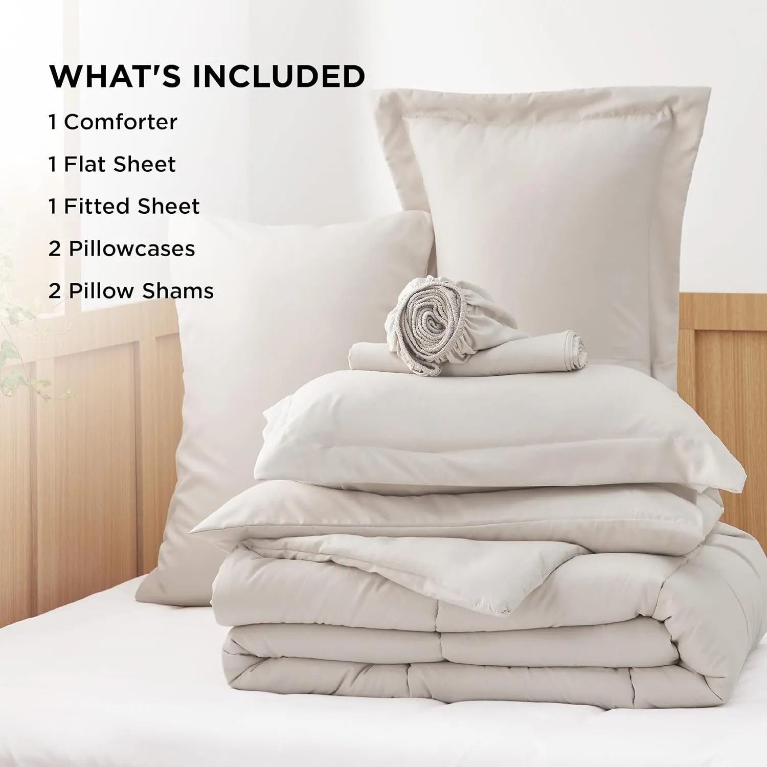 Bedsure Beige Comforter Set King - 7 Pieces Solid Bed in a Bag, King Bed Set with Comforter, Sheets, Pillowcases & Shams