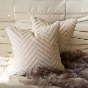 Beige Soft Faux Fur Throw Pillow Cover 18 x 18 inch, Fluffy Warm Chevron Pattern Cushion Cases Home Decor for Sofa Couch Bed Living Room, Pack of 2