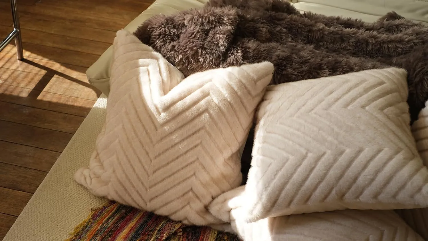 Beige Soft Faux Fur Throw Pillow Cover 18 x 18 inch, Fluffy Warm Chevron Pattern Cushion Cases Home Decor for Sofa Couch Bed Living Room, Pack of 2