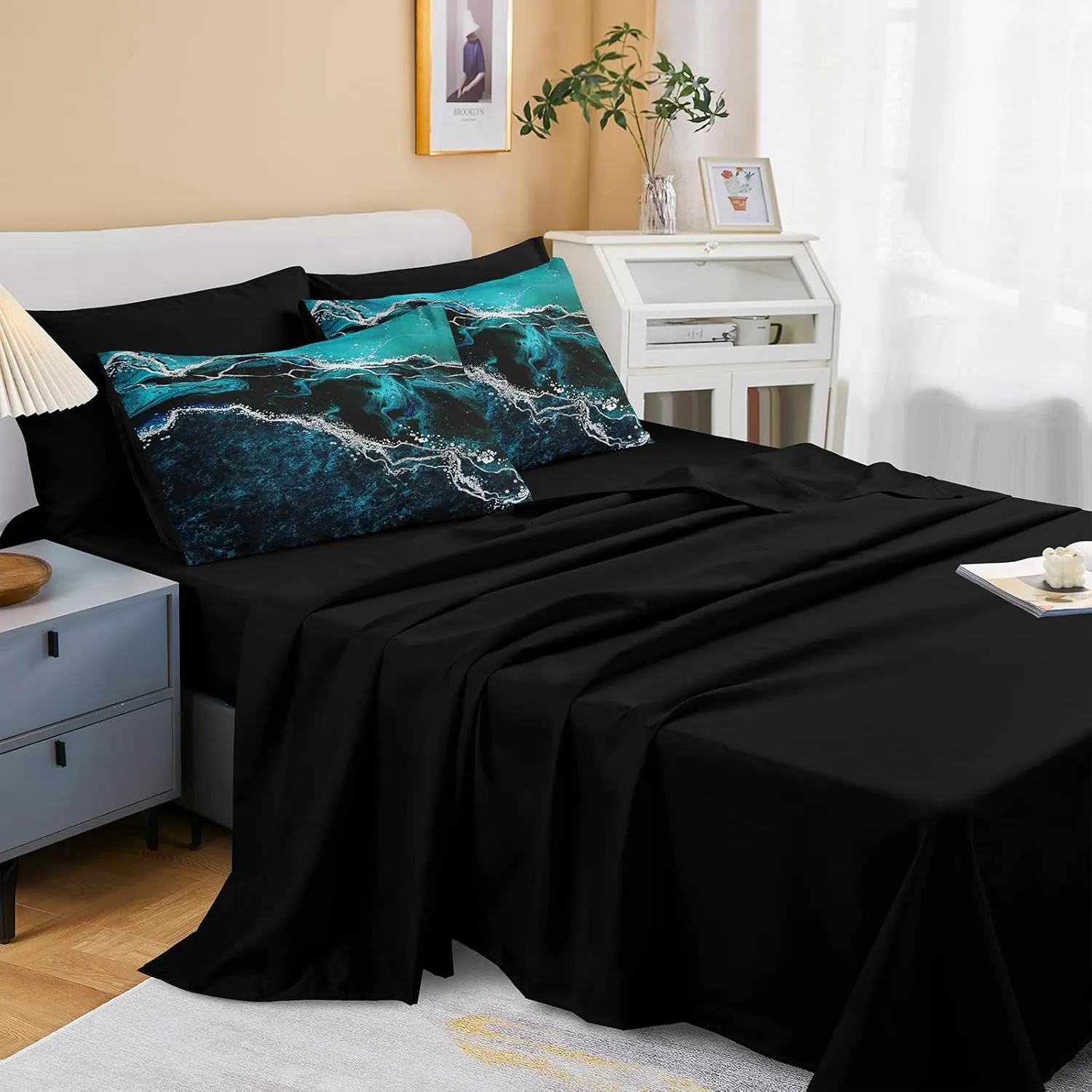 Black Marble Comforter Set 8 Pcs Turquoise Blue Bedding Set King Size Bed in A Bag Blue and Black Stone Texture Abstract Room Decor Black Marble Bed Comforter
