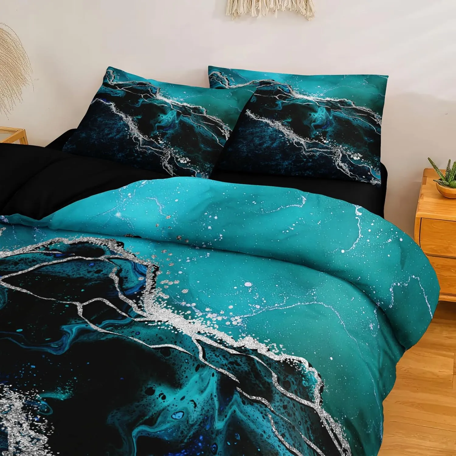 Black Marble Comforter Set 8 Pcs Turquoise Blue Bedding Set King Size Bed in A Bag Blue and Black Stone Texture Abstract Room Decor Black Marble Bed Comforter