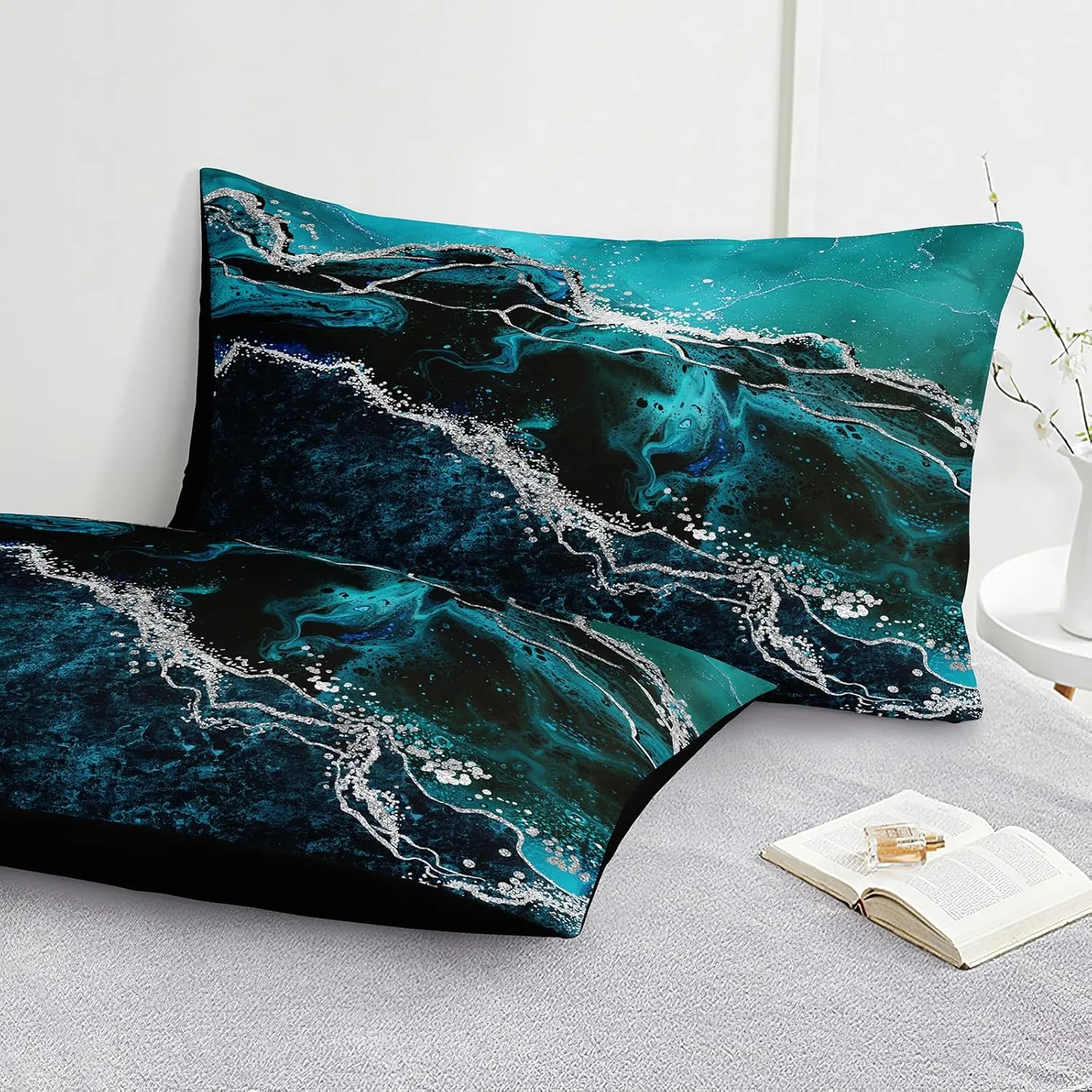 Black Marble Comforter Set 8 Pcs Turquoise Blue Bedding Set King Size Bed in A Bag Blue and Black Stone Texture Abstract Room Decor Black Marble Bed Comforter