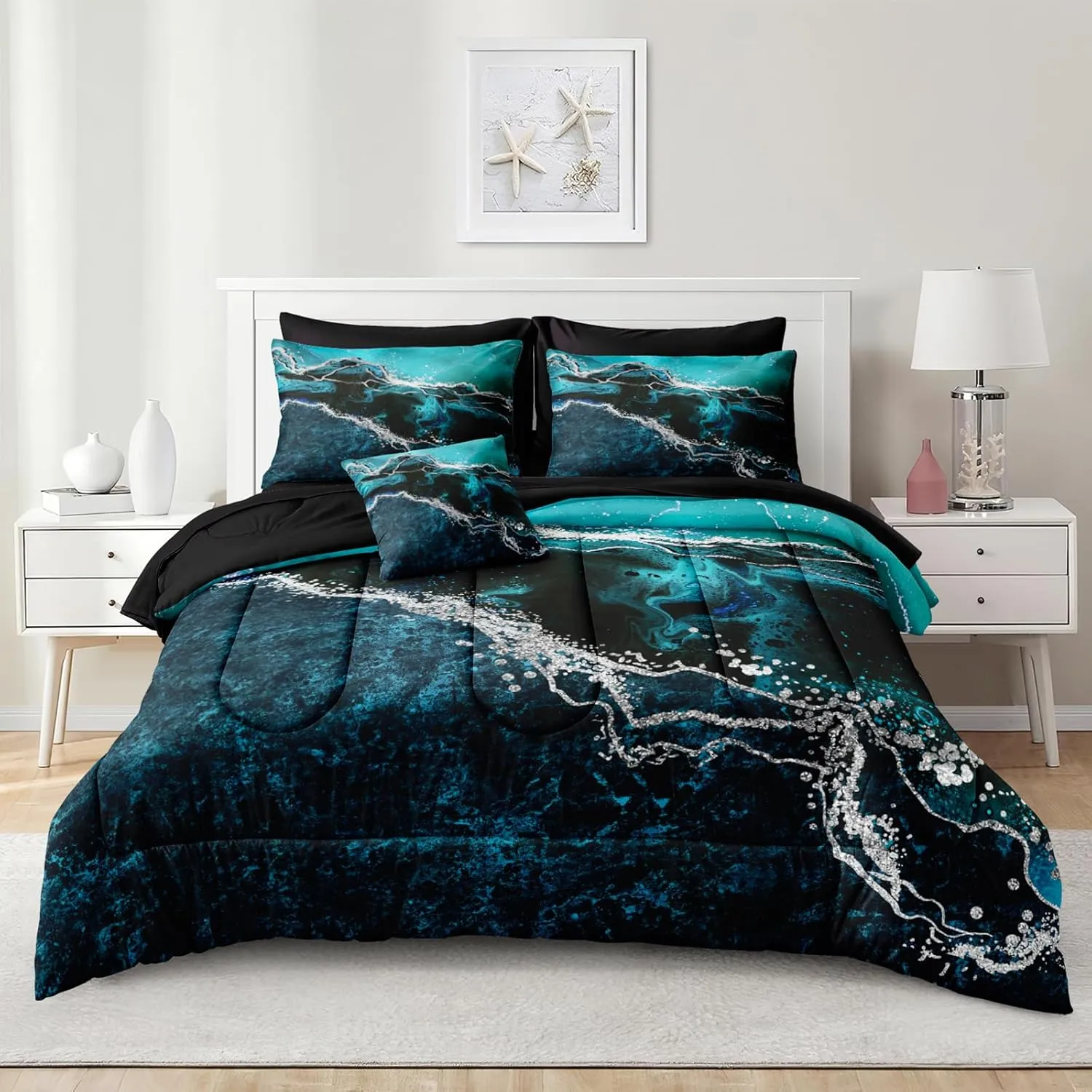 Black Marble Comforter Set 8 Pcs Turquoise Blue Bedding Set King Size Bed in A Bag Blue and Black Stone Texture Abstract Room Decor Black Marble Bed Comforter