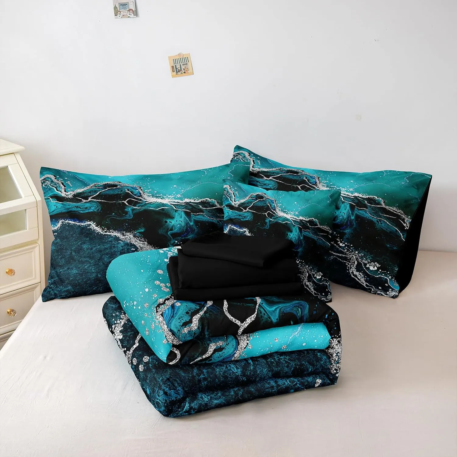 Black Marble Comforter Set 8 Pcs Turquoise Blue Bedding Set King Size Bed in A Bag Blue and Black Stone Texture Abstract Room Decor Black Marble Bed Comforter