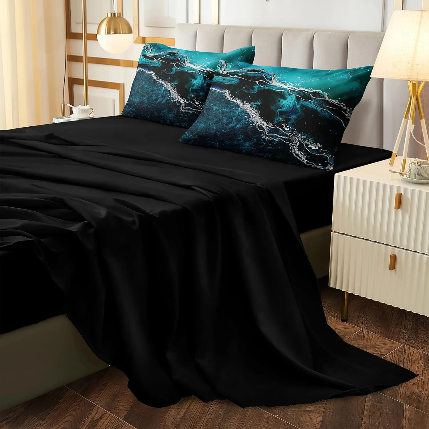 Black Marble Comforter Set 8 Pcs Turquoise Blue Bedding Set King Size Bed in A Bag Blue and Black Stone Texture Abstract Room Decor Black Marble Bed Comforter