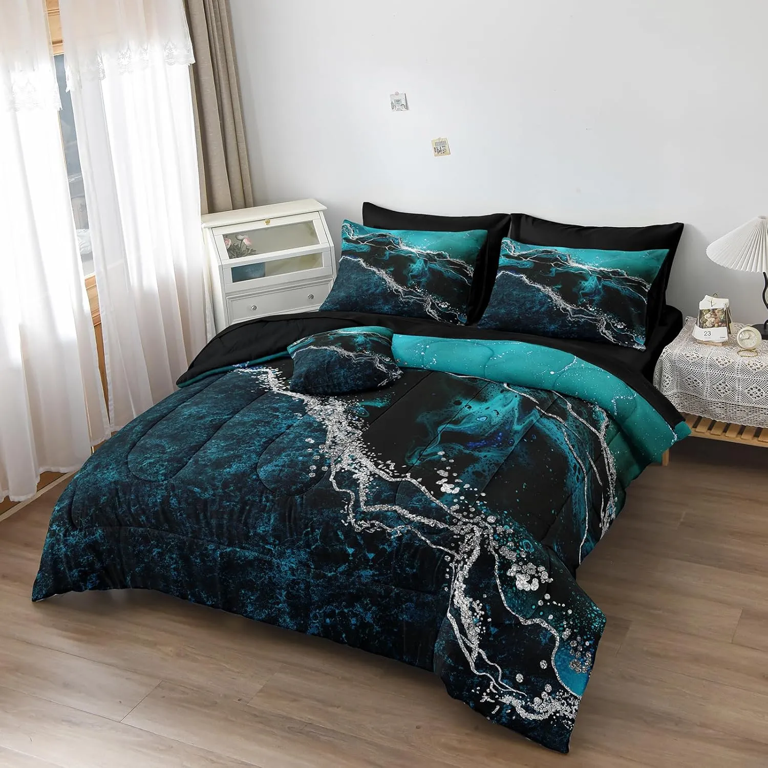 Black Marble Comforter Set 8 Pcs Turquoise Blue Bedding Set King Size Bed in A Bag Blue and Black Stone Texture Abstract Room Decor Black Marble Bed Comforter