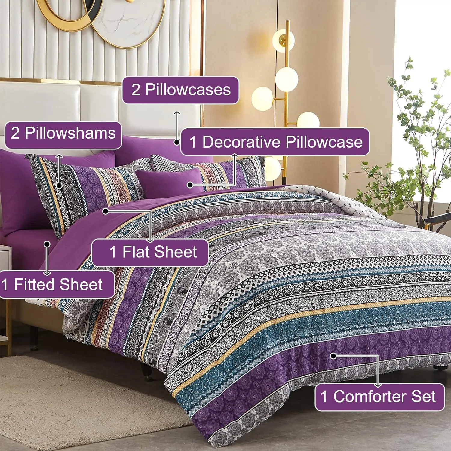 Boho Comforter Set King Size 8 Piece Bed in a Bag Bohemian Striped Bedding Quilt Set Purple Paisley Floral Comforter and Sheet Set,Soft Microfiber Complete Bedding Sets for All Season