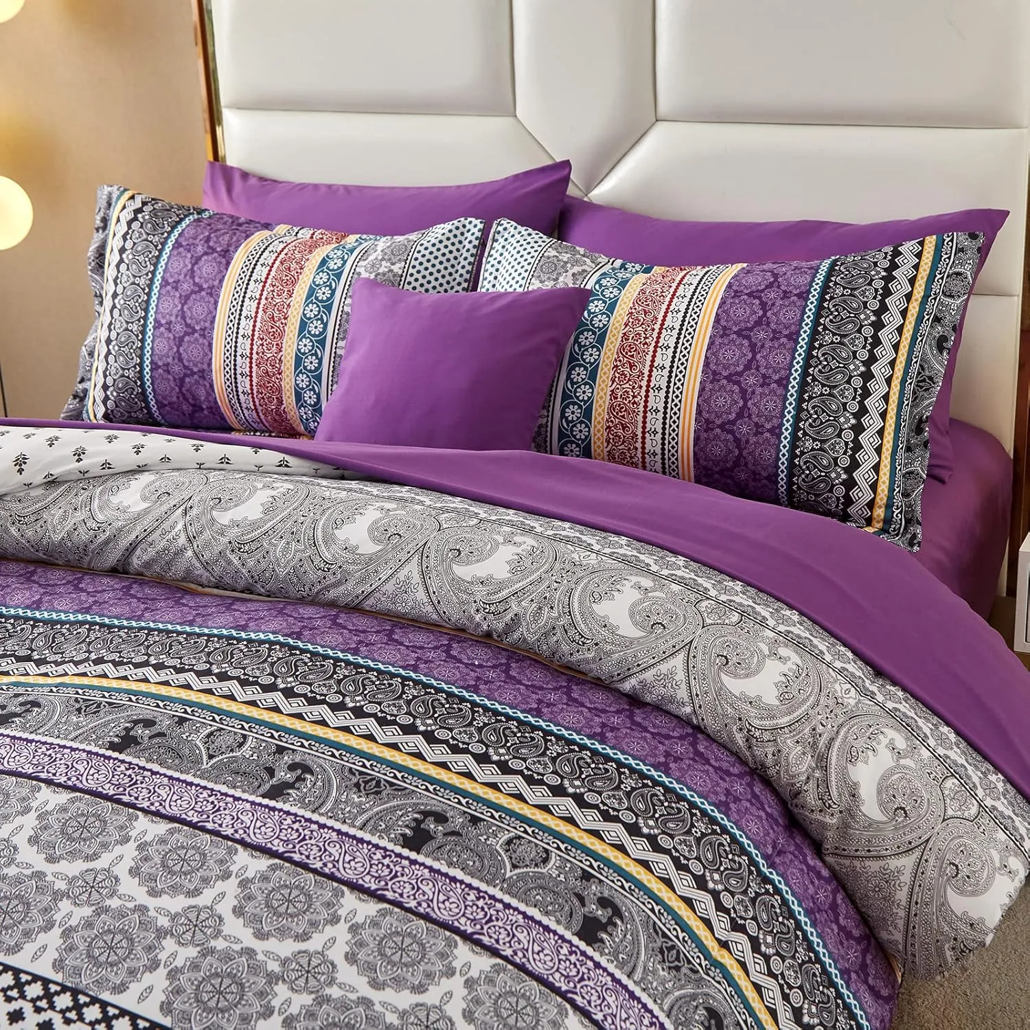 Boho Comforter Set King Size 8 Piece Bed in a Bag Bohemian Striped Bedding Quilt Set Purple Paisley Floral Comforter and Sheet Set,Soft Microfiber Complete Bedding Sets for All Season
