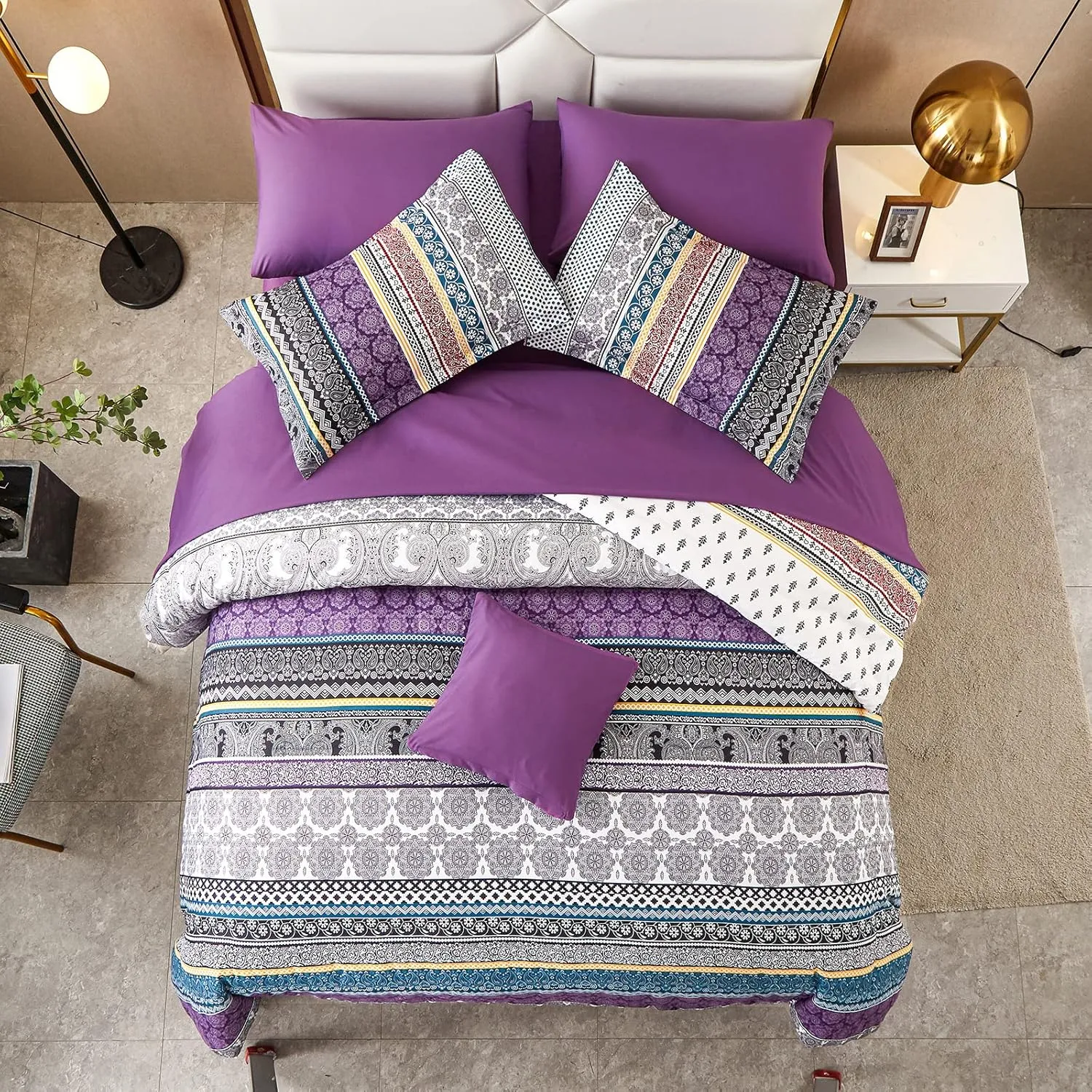 Boho Comforter Set King Size 8 Piece Bed in a Bag Bohemian Striped Bedding Quilt Set Purple Paisley Floral Comforter and Sheet Set,Soft Microfiber Complete Bedding Sets for All Season