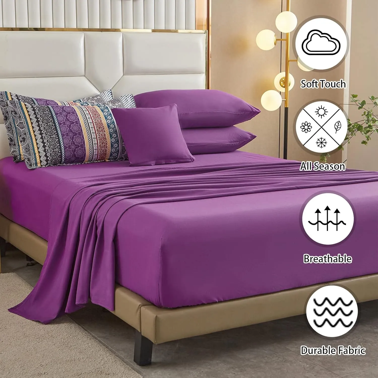 Boho Comforter Set King Size 8 Piece Bed in a Bag Bohemian Striped Bedding Quilt Set Purple Paisley Floral Comforter and Sheet Set,Soft Microfiber Complete Bedding Sets for All Season