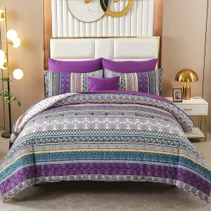Boho Comforter Set King Size 8 Piece Bed in a Bag Bohemian Striped Bedding Quilt Set Purple Paisley Floral Comforter and Sheet Set,Soft Microfiber Complete Bedding Sets for All Season