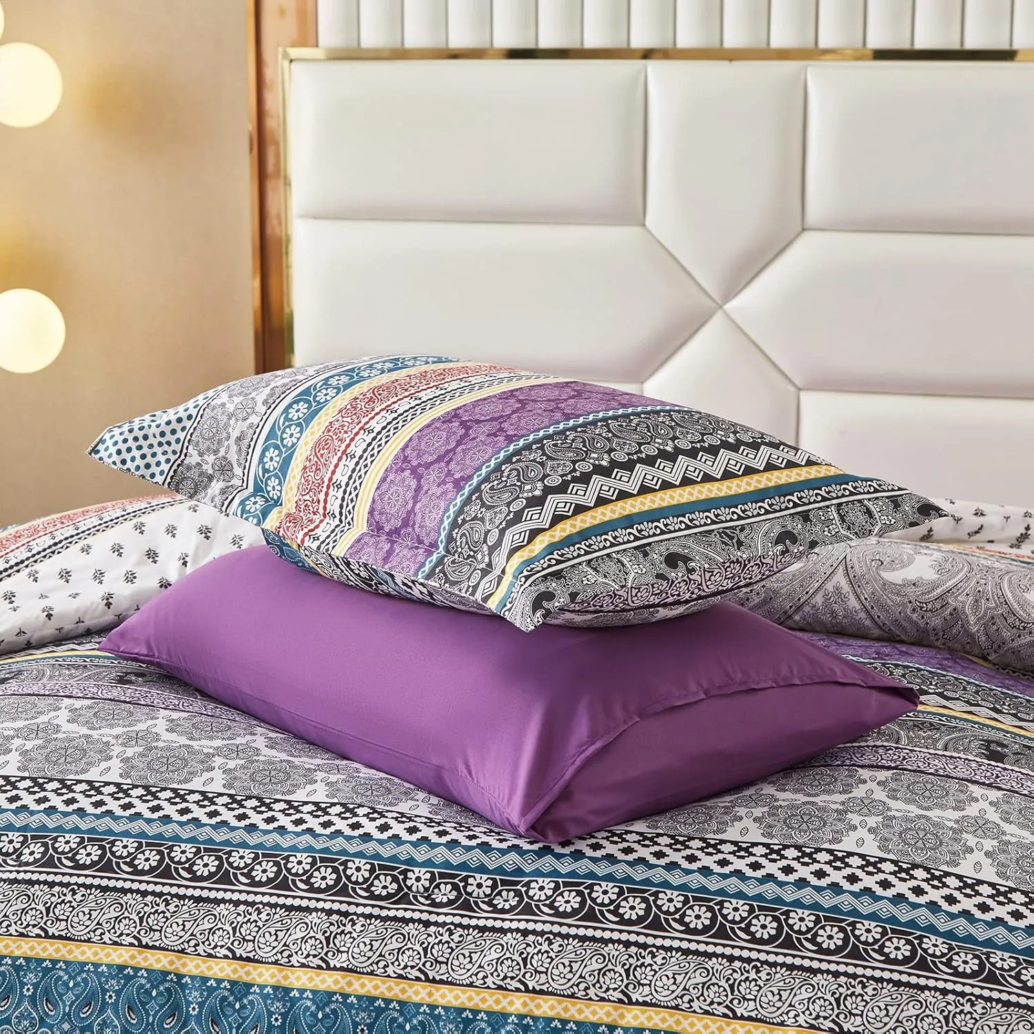 Boho Comforter Set King Size 8 Piece Bed in a Bag Bohemian Striped Bedding Quilt Set Purple Paisley Floral Comforter and Sheet Set,Soft Microfiber Complete Bedding Sets for All Season