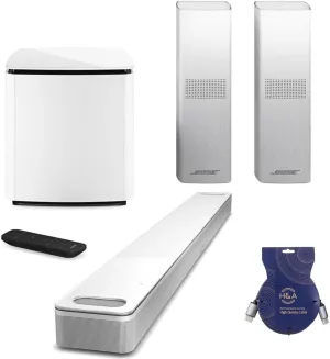 Bose Smart Ultra Dolby Atmos Soundbar, White, Bundle with Bass Module 700 and 2X Surround Speakers 700 and H&A HDMI Cable