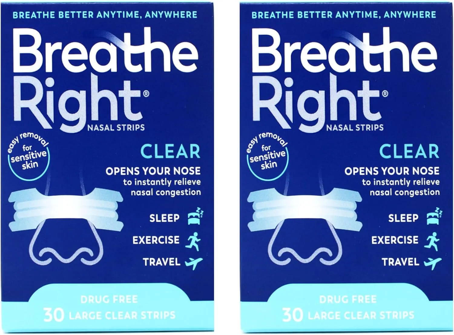 Breathe Right Nasal Strips Clear for Sensitive Skin Large - 30 Strips, Pack of 2