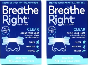 Breathe Right Nasal Strips Clear for Sensitive Skin Large - 30 Strips, Pack of 2