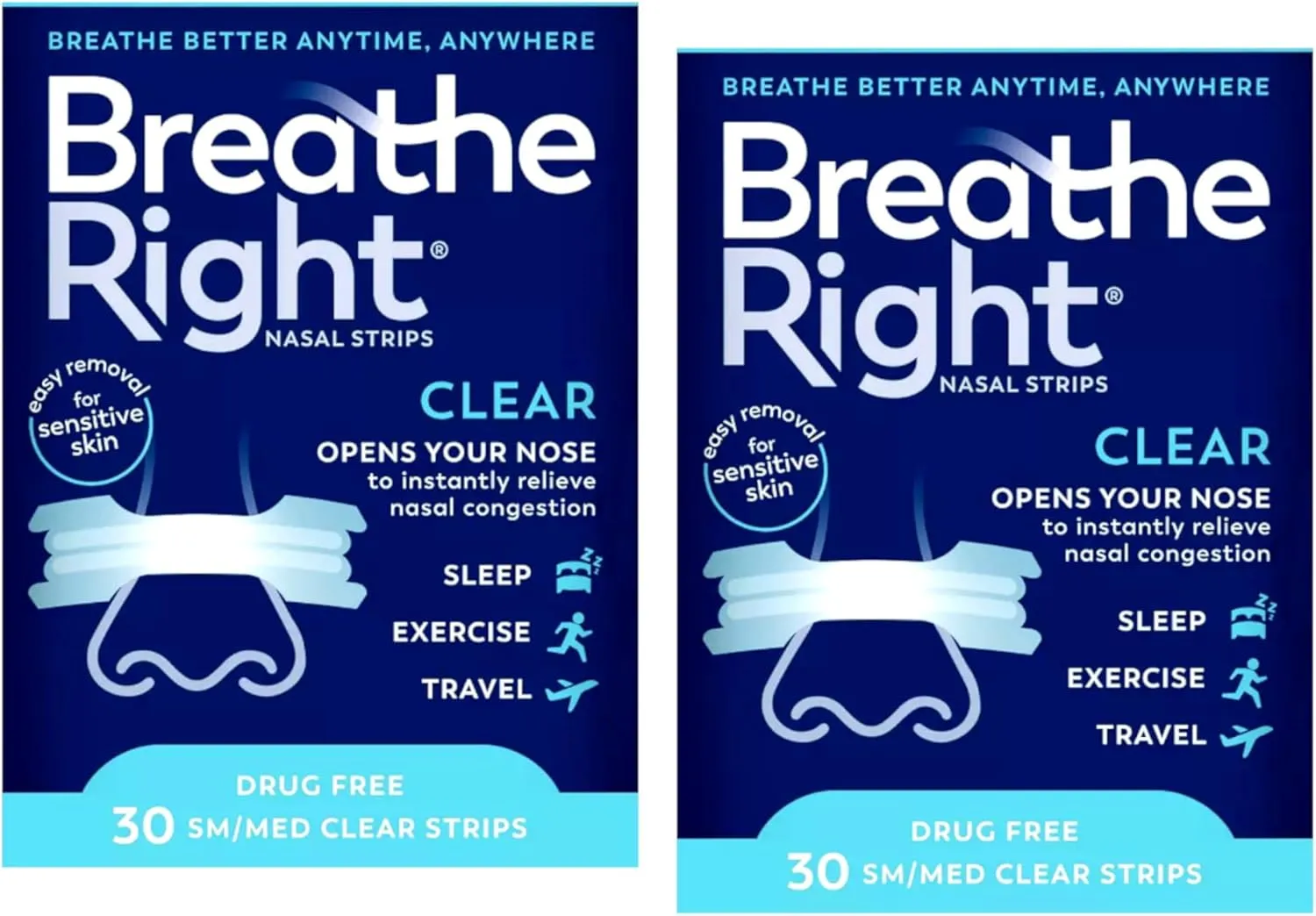 Breathe Right Nasal Strips Clear Small/Medium 30 Count (Pack of 2)