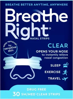 Breathe Right Nasal Strips Clear Small/Medium 30 Count (Pack of 2)