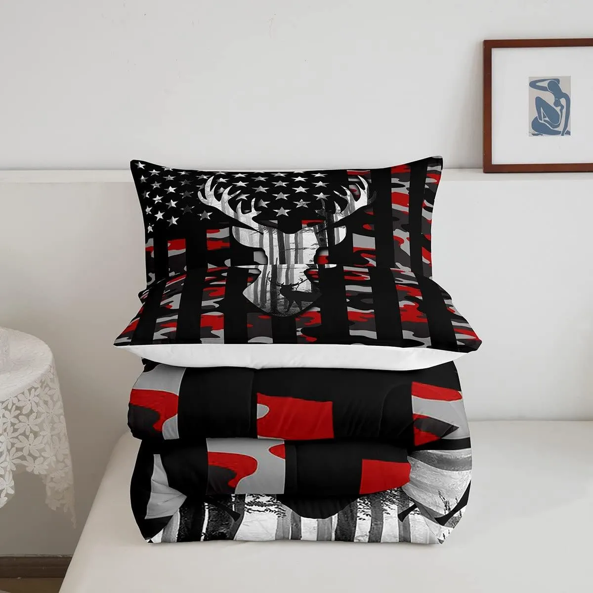 Camo American Flag Twin Comforter Set Boys,Deer Antlers Red Camouflage Quilt Set Flags for Room Teens,Wild Animal Hunting Rustic Farm Branches Leaves Plant Stars Stripes USA Flag Bedding Set