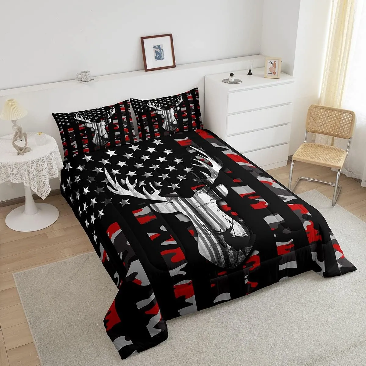 Camo American Flag Twin Comforter Set Boys,Deer Antlers Red Camouflage Quilt Set Flags for Room Teens,Wild Animal Hunting Rustic Farm Branches Leaves Plant Stars Stripes USA Flag Bedding Set
