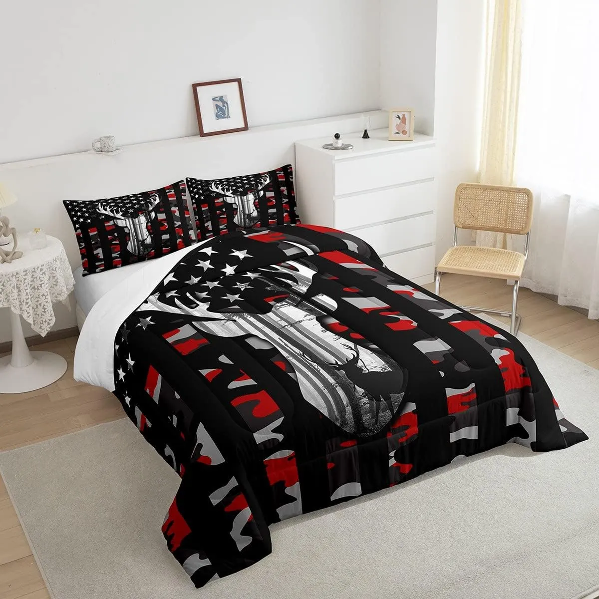 Camo American Flag Twin Comforter Set Boys,Deer Antlers Red Camouflage Quilt Set Flags for Room Teens,Wild Animal Hunting Rustic Farm Branches Leaves Plant Stars Stripes USA Flag Bedding Set