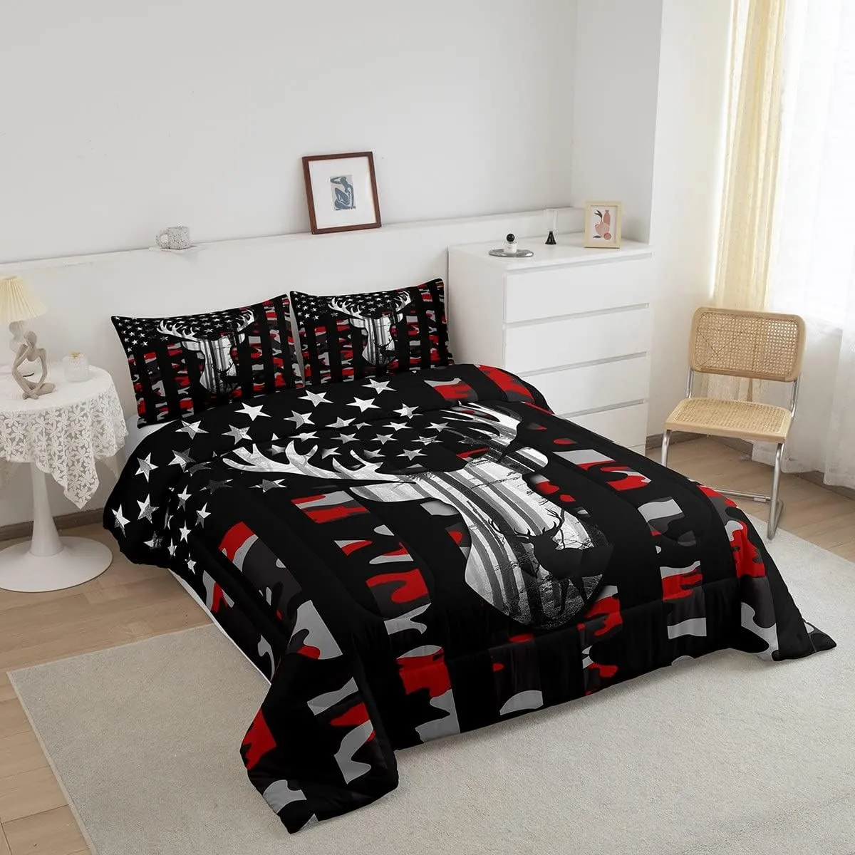 Camo American Flag Twin Comforter Set Boys,Deer Antlers Red Camouflage Quilt Set Flags for Room Teens,Wild Animal Hunting Rustic Farm Branches Leaves Plant Stars Stripes USA Flag Bedding Set