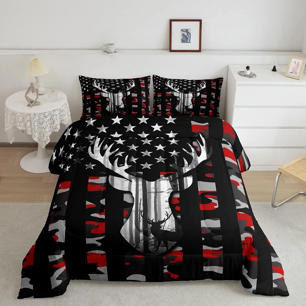 Camo American Flag Twin Comforter Set Boys,Deer Antlers Red Camouflage Quilt Set Flags for Room Teens,Wild Animal Hunting Rustic Farm Branches Leaves Plant Stars Stripes USA Flag Bedding Set