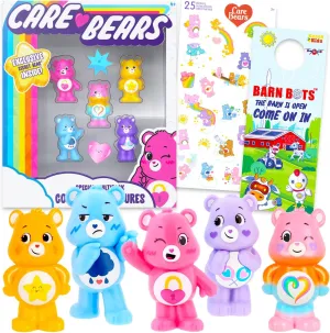 Care Bears Mini Figures 5 Pack - Bundle with 5 Cupcake Topper Figurines Including Grumpy Bear, Secret Bear, and More Plus Stickers | Care Bears Party Supplies