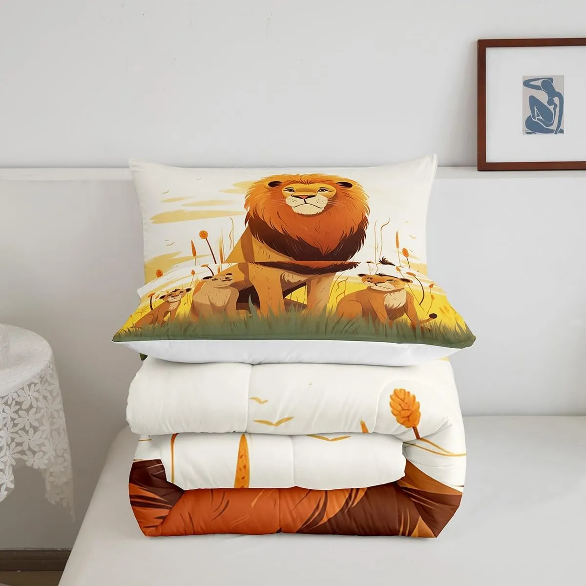 Cartoon Lion Kids Comforter Set Twin Size,Cute Animal Bedding Set for Girls Boys Room Decor,Prairie Scenery African Wildlife Nature Quilt Set 2Pcs,Kawaii Lions Microfiber Duvet Insert,1 Pillowcase