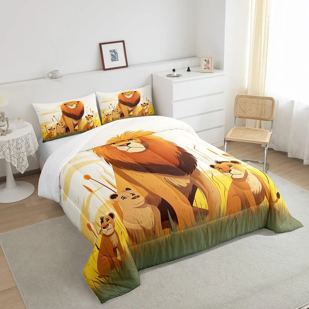 Cartoon Lion Kids Comforter Set Twin Size,Cute Animal Bedding Set for Girls Boys Room Decor,Prairie Scenery African Wildlife Nature Quilt Set 2Pcs,Kawaii Lions Microfiber Duvet Insert,1 Pillowcase
