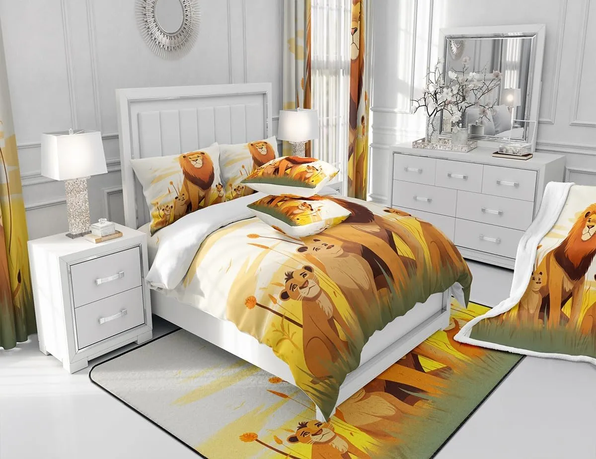 Cartoon Lion Kids Comforter Set Twin Size,Cute Animal Bedding Set for Girls Boys Room Decor,Prairie Scenery African Wildlife Nature Quilt Set 2Pcs,Kawaii Lions Microfiber Duvet Insert,1 Pillowcase