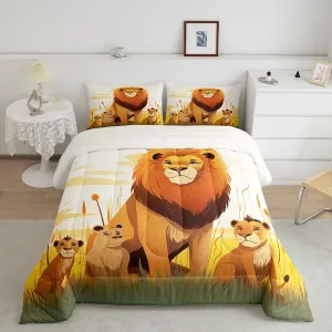 Cartoon Lion Kids Comforter Set Twin Size,Cute Animal Bedding Set for Girls Boys Room Decor,Prairie Scenery African Wildlife Nature Quilt Set 2Pcs,Kawaii Lions Microfiber Duvet Insert,1 Pillowcase