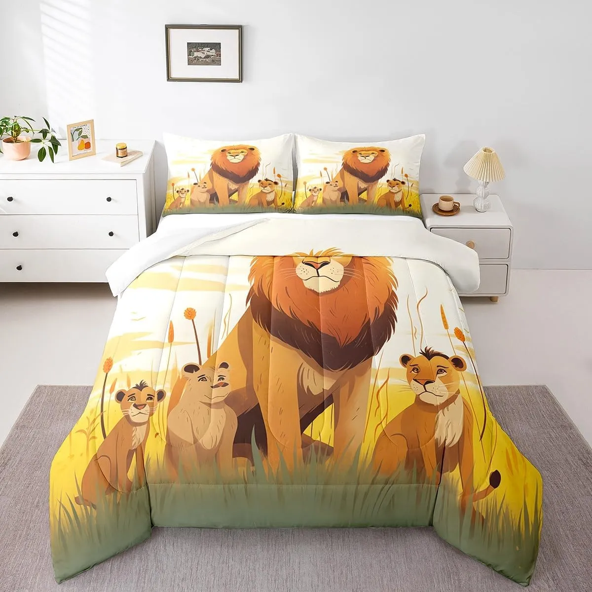 Cartoon Lion Kids Comforter Set Twin Size,Cute Animal Bedding Set for Girls Boys Room Decor,Prairie Scenery African Wildlife Nature Quilt Set 2Pcs,Kawaii Lions Microfiber Duvet Insert,1 Pillowcase