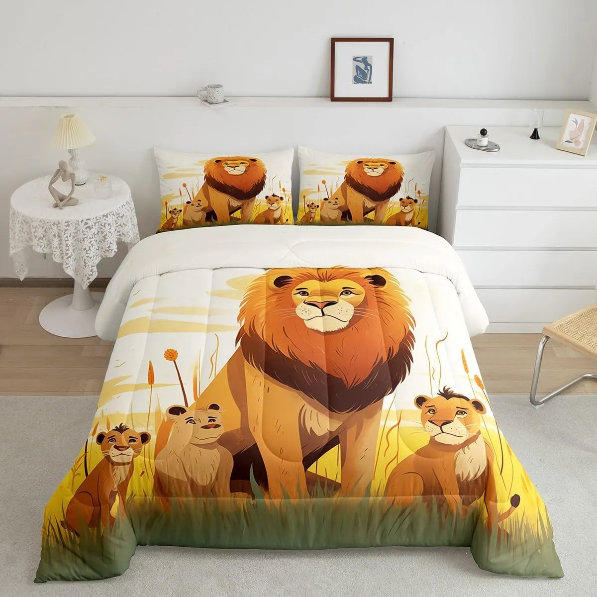 Cartoon Lion Kids Comforter Set Twin Size,Cute Animal Bedding Set for Girls Boys Room Decor,Prairie Scenery African Wildlife Nature Quilt Set 2Pcs,Kawaii Lions Microfiber Duvet Insert,1 Pillowcase