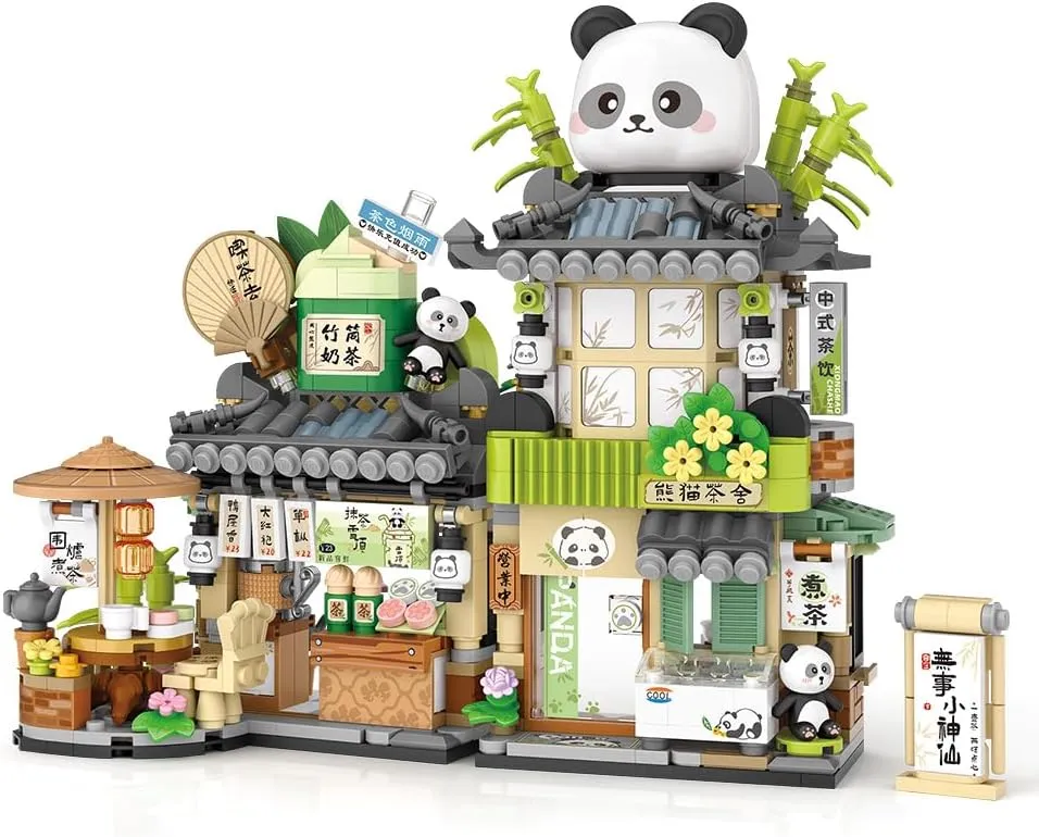City Tea House Building Blocks Set, Openable Panda Construction Tea Shop Building Toys for Boys Girls Age 8 , 860pcs Mini Bricks