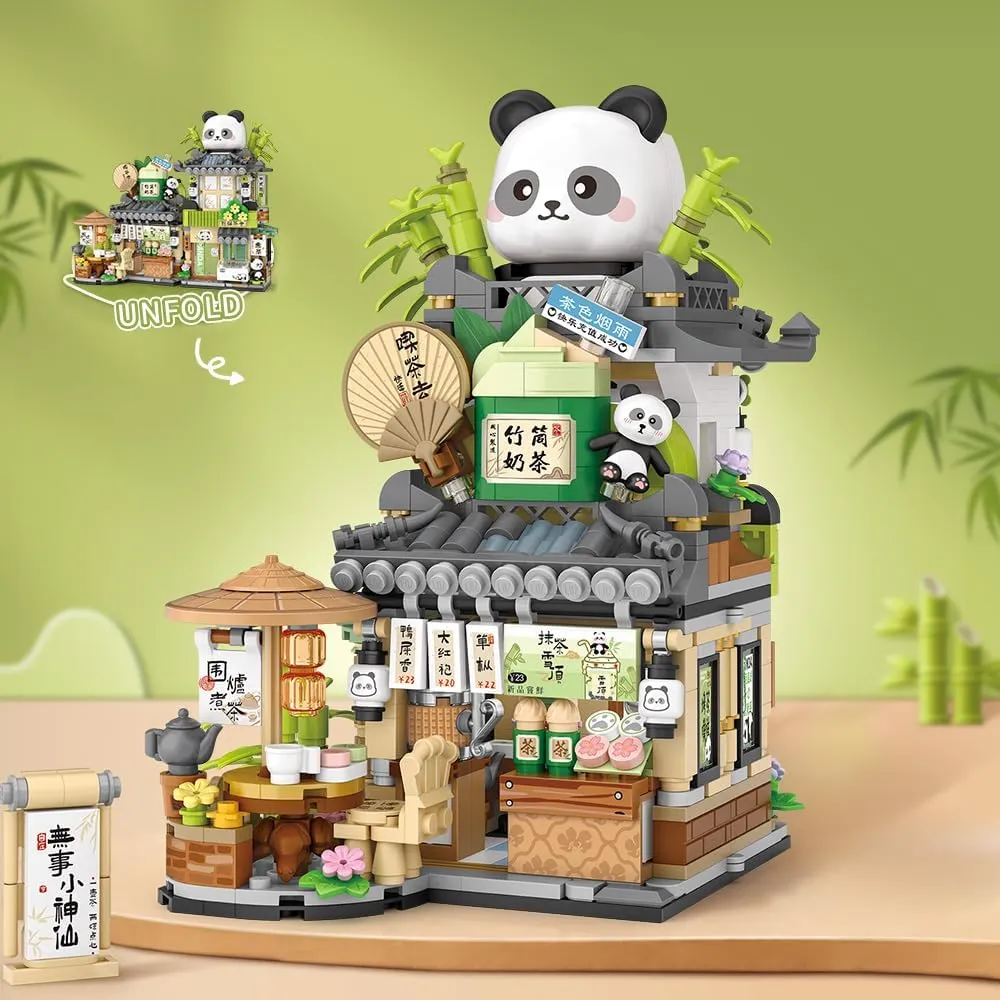City Tea House Building Blocks Set, Openable Panda Construction Tea Shop Building Toys for Boys Girls Age 8 , 860pcs Mini Bricks