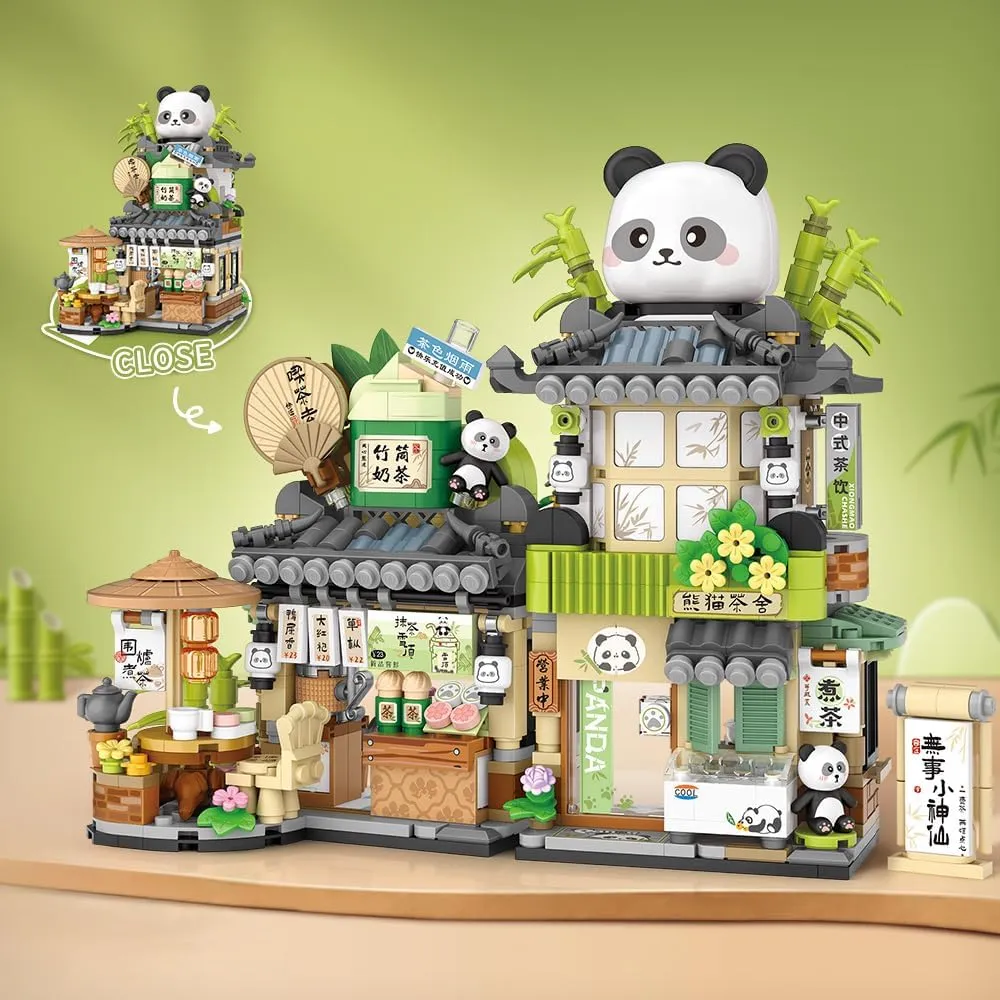 City Tea House Building Blocks Set, Openable Panda Construction Tea Shop Building Toys for Boys Girls Age 8 , 860pcs Mini Bricks