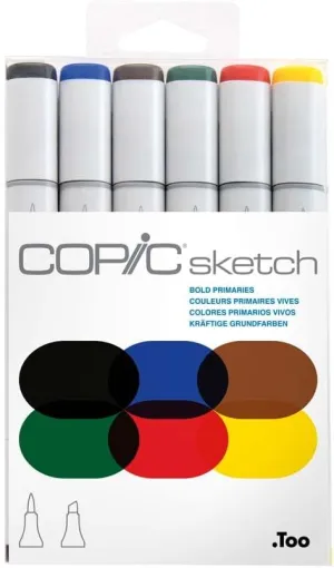 Copic Alcohol Markers, 6 Color Dual Tip Art Marker Set – Blendable Brush Tips for Drawing, Sketching, and Illustration – Professional Set for Adults - Bold Primaries