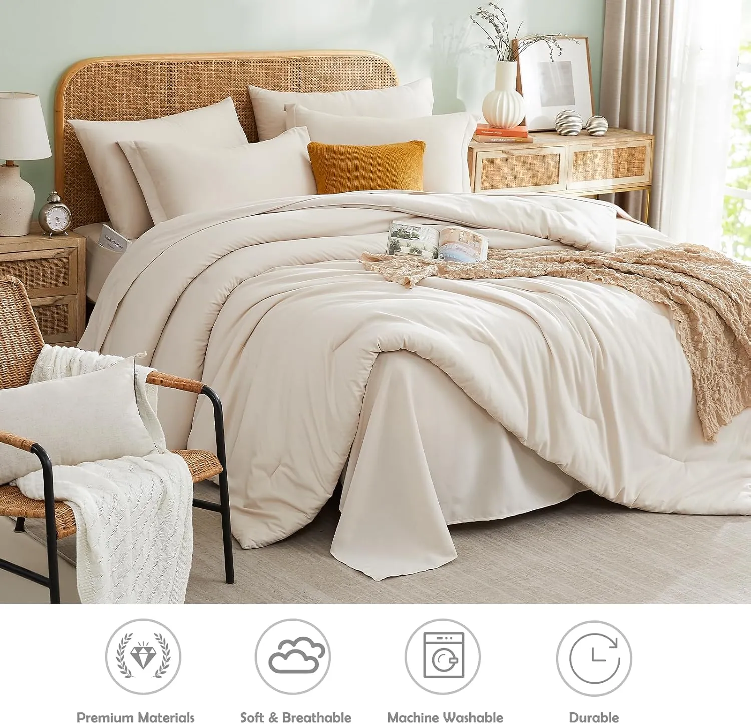 Cupocupa Queen Comforter Set with Sheets,Beige Comforters Queen Size,Fluffy 7 Pieces Bed in a Bag for Bedroom with Bedding Comforter Set, Flat Sheet, Fitted Sheet, Pillowcases and Pillow Shams