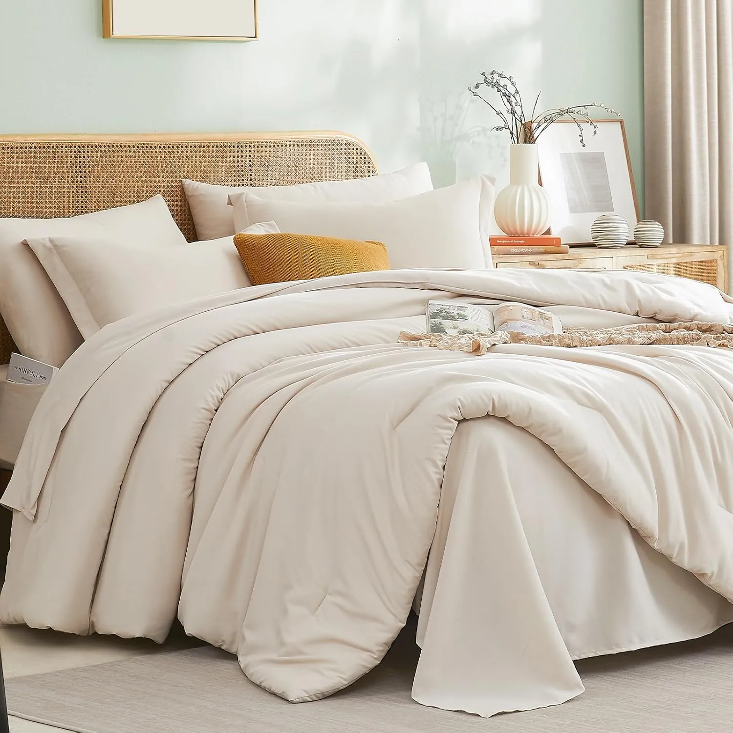 Cupocupa Queen Comforter Set with Sheets,Beige Comforters Queen Size,Fluffy 7 Pieces Bed in a Bag for Bedroom with Bedding Comforter Set, Flat Sheet, Fitted Sheet, Pillowcases and Pillow Shams