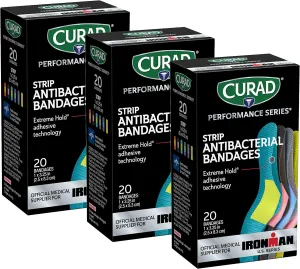 CURAD Performance Series Antibacterial Bandages, Extreme Hold Adhesive Technology, Standard Size Flexible Fabric Bandages for Cuts, Scrapes, & Burns, Assorted Colors,1 x 3.25 inches, Pack of 3